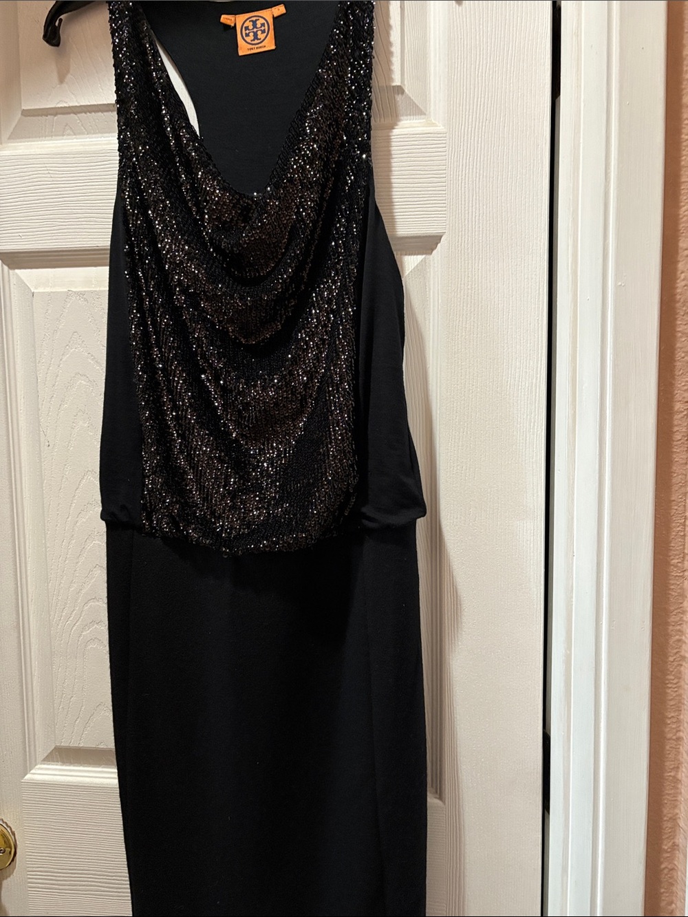 Tory Burch Black Sequin razorback Draped Neck Dress Size S